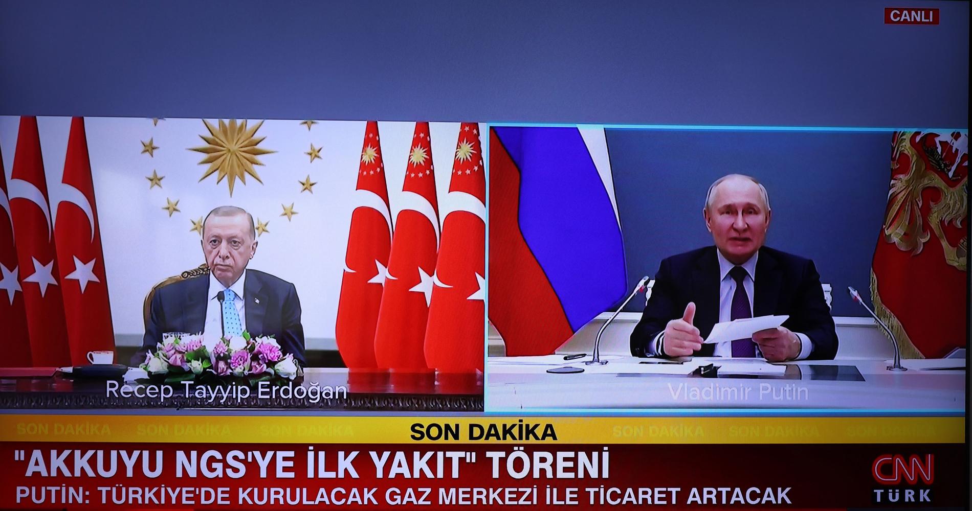 Turkiets president Recep Tayyip Erdogan till vänster och Rysslands president Vladimir Putin möttes virtuellt på torsdag. Medier konstaterade att Edogan som fick avbryta en tv-intervju i tisdags på grund av magproblem, såg tärd ut.