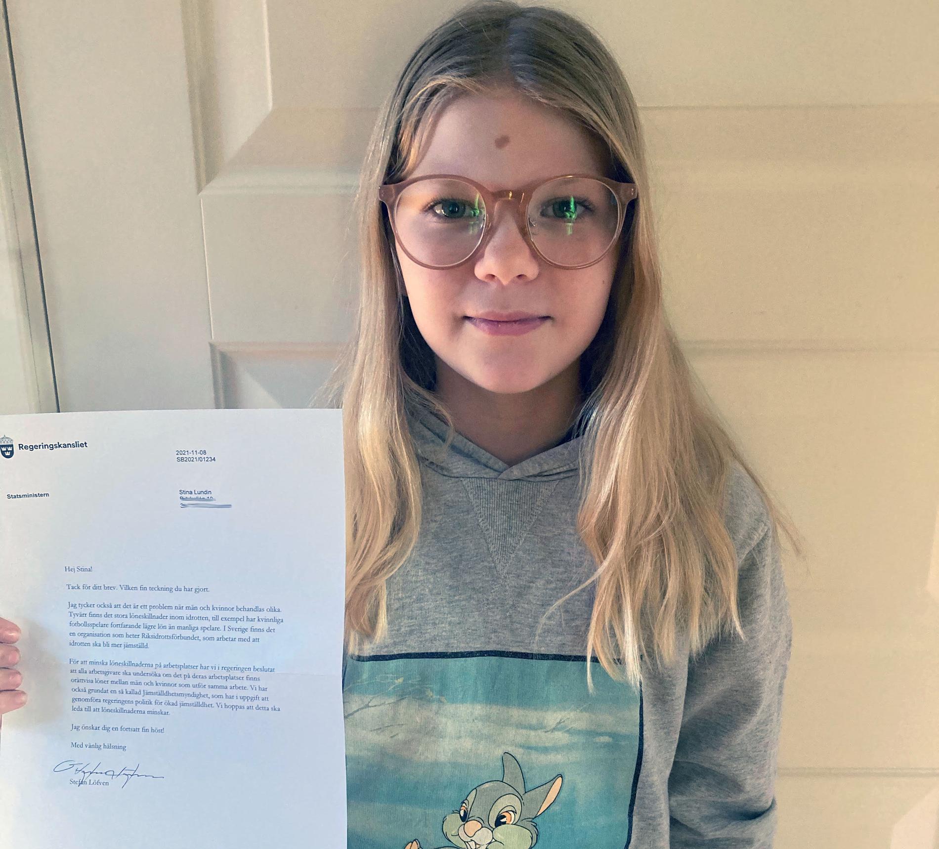 Stina Lundin, 9, skrev brev till statsminister Stefan Löfven.