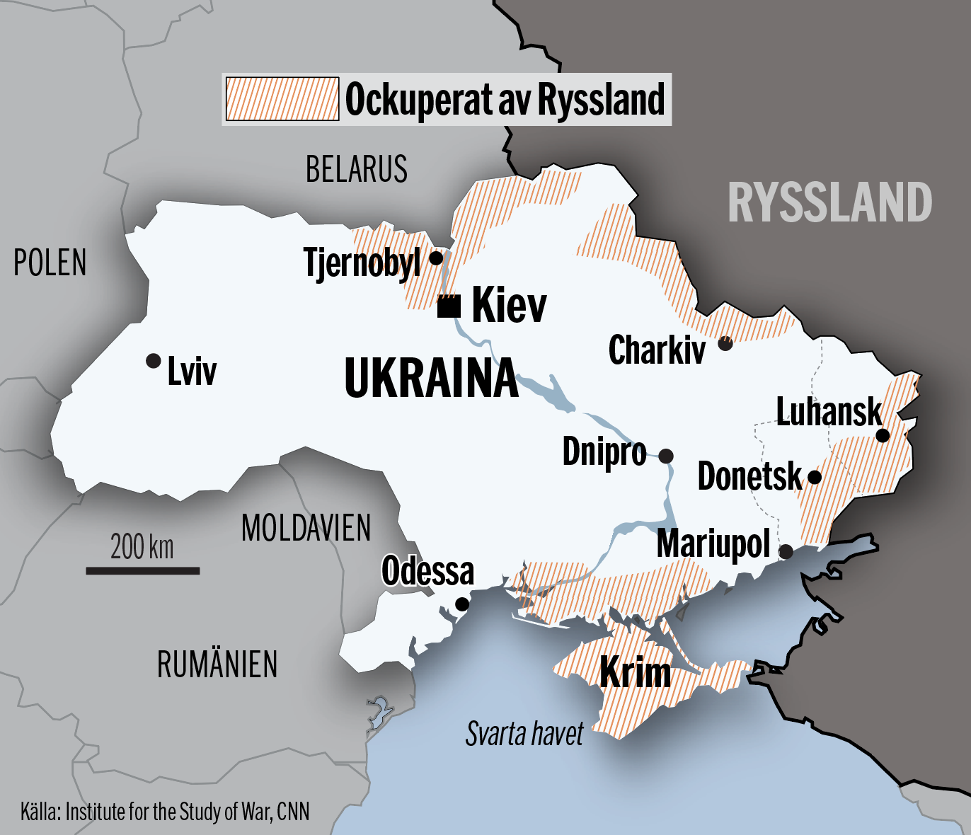 Karta över områden i Ukraina som Ryssland har ockuperat, uppdaterad 26 februari.