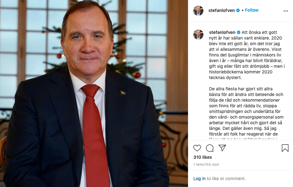 Stefan Löfven har skrivit en nyårshälsning på Instagram där han även tar upp sina besök i butiker. 