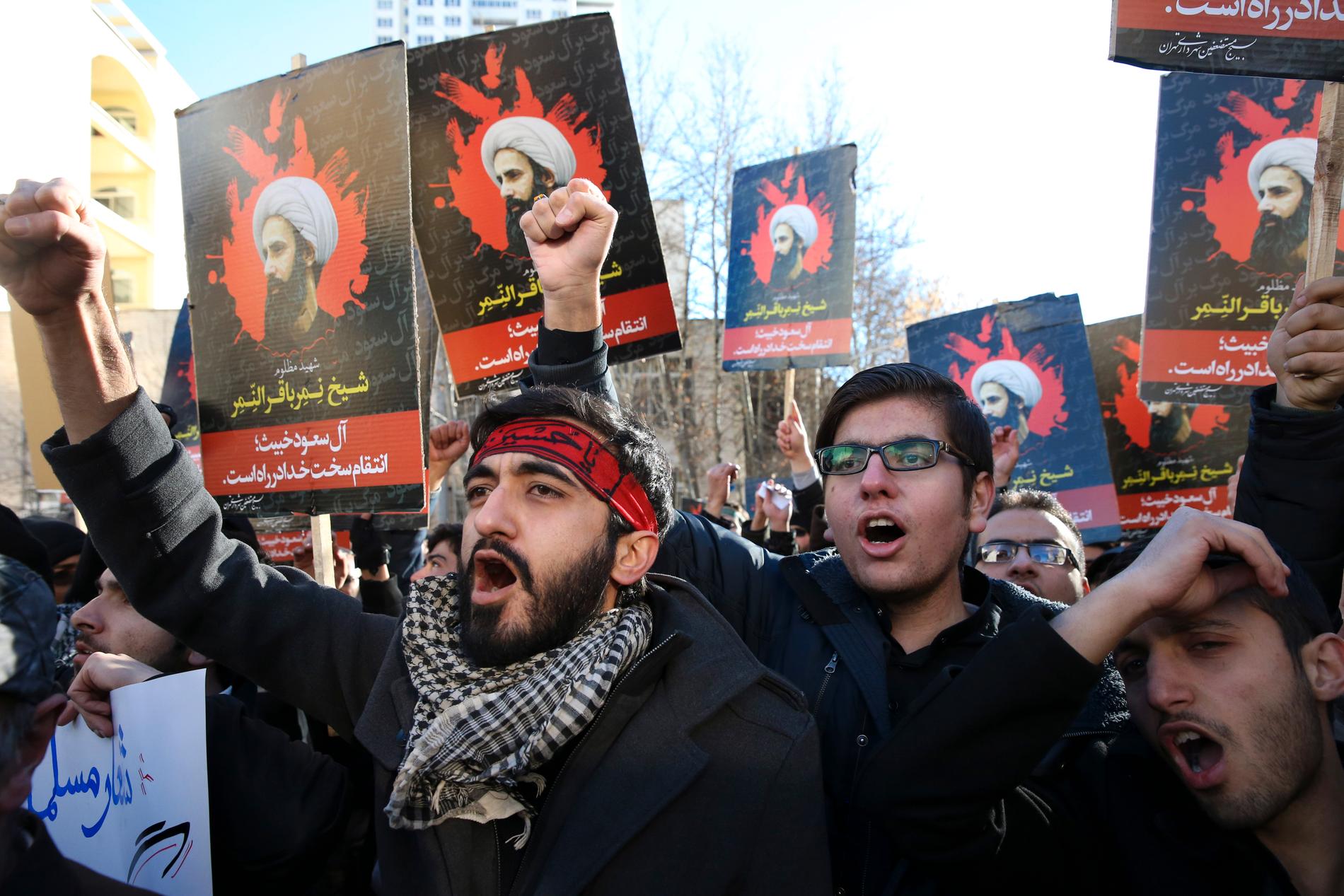Dödsstraffet väcker starka känslor. Här demonstrerar iranier mot Saudiarabiens avrättning av den shiamuslimske religiöse ledaren Nimr al-Nimr 2016. Arkivbild.