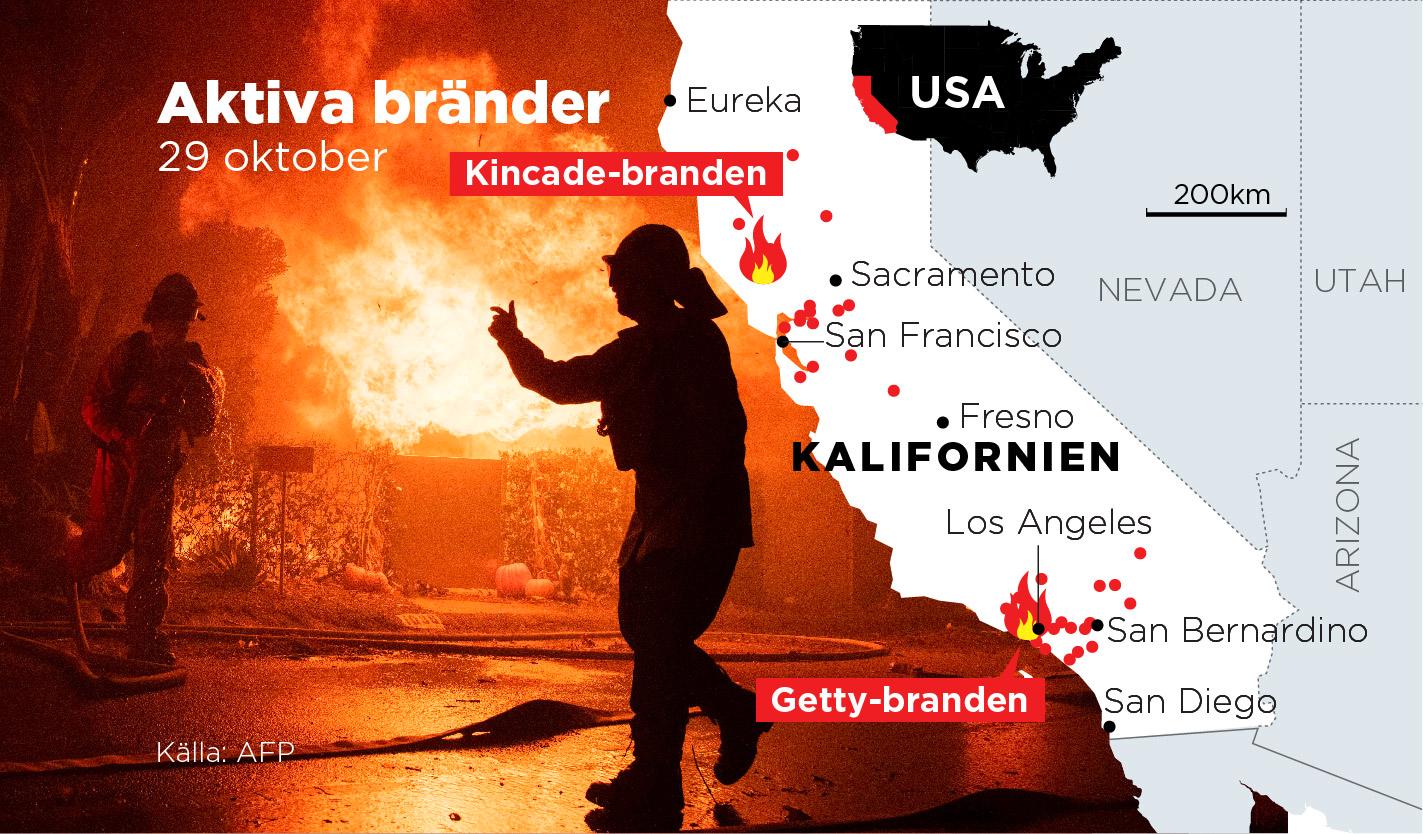 Här härjar bränder i Kalifornien, varav två större, Getty och Kincade.