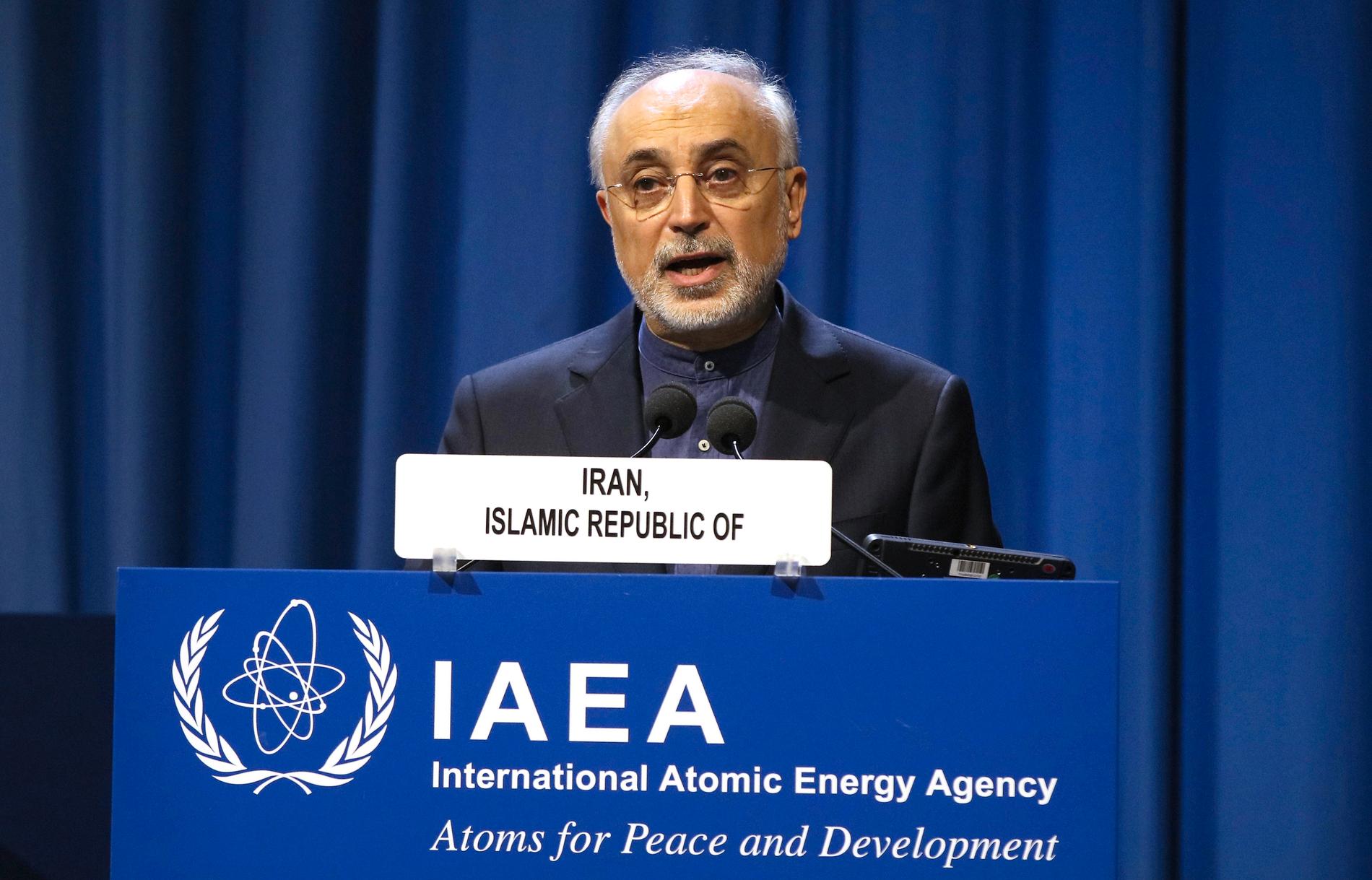 Irans kärnenergichef Ali Akbar Saleh under ett tal vid det Internationella atomenergiorganet IAEA:s årliga medlemsmöte i Wien i september. Arkivbild.