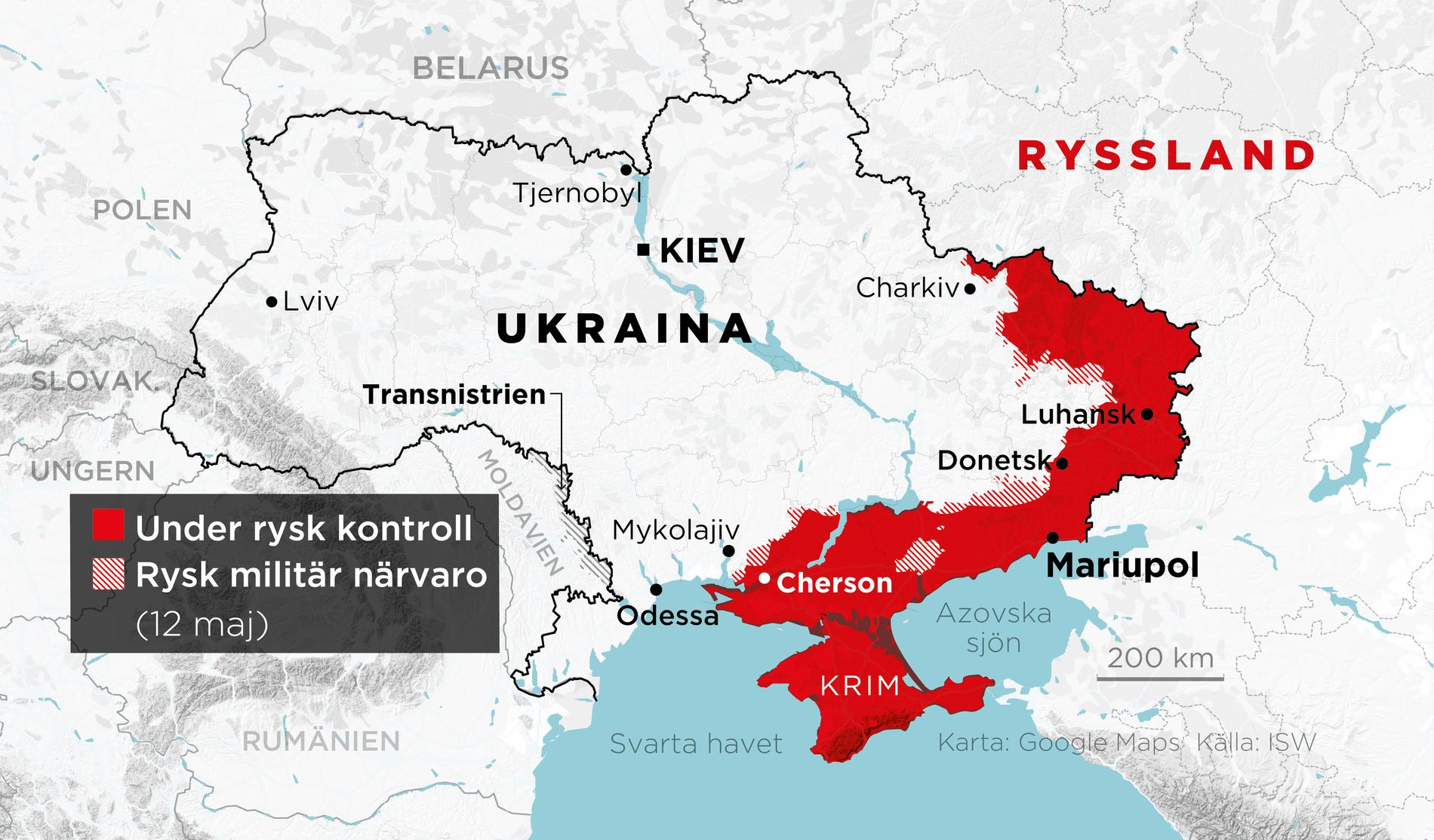 Områden under rysk kontroll samt områden med rysk militär närvaro 12 maj.