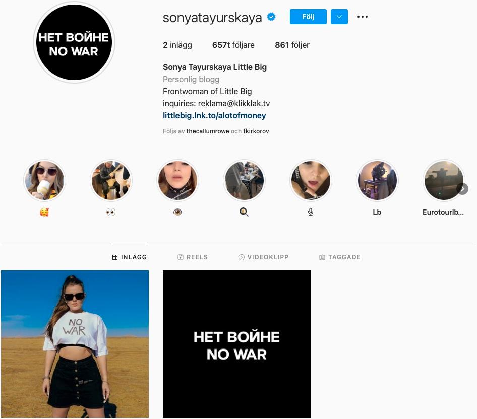 Little Bigs Sonya Tayurskaya har också rensat sitt Instagram-konto och protesterar mot kriget.