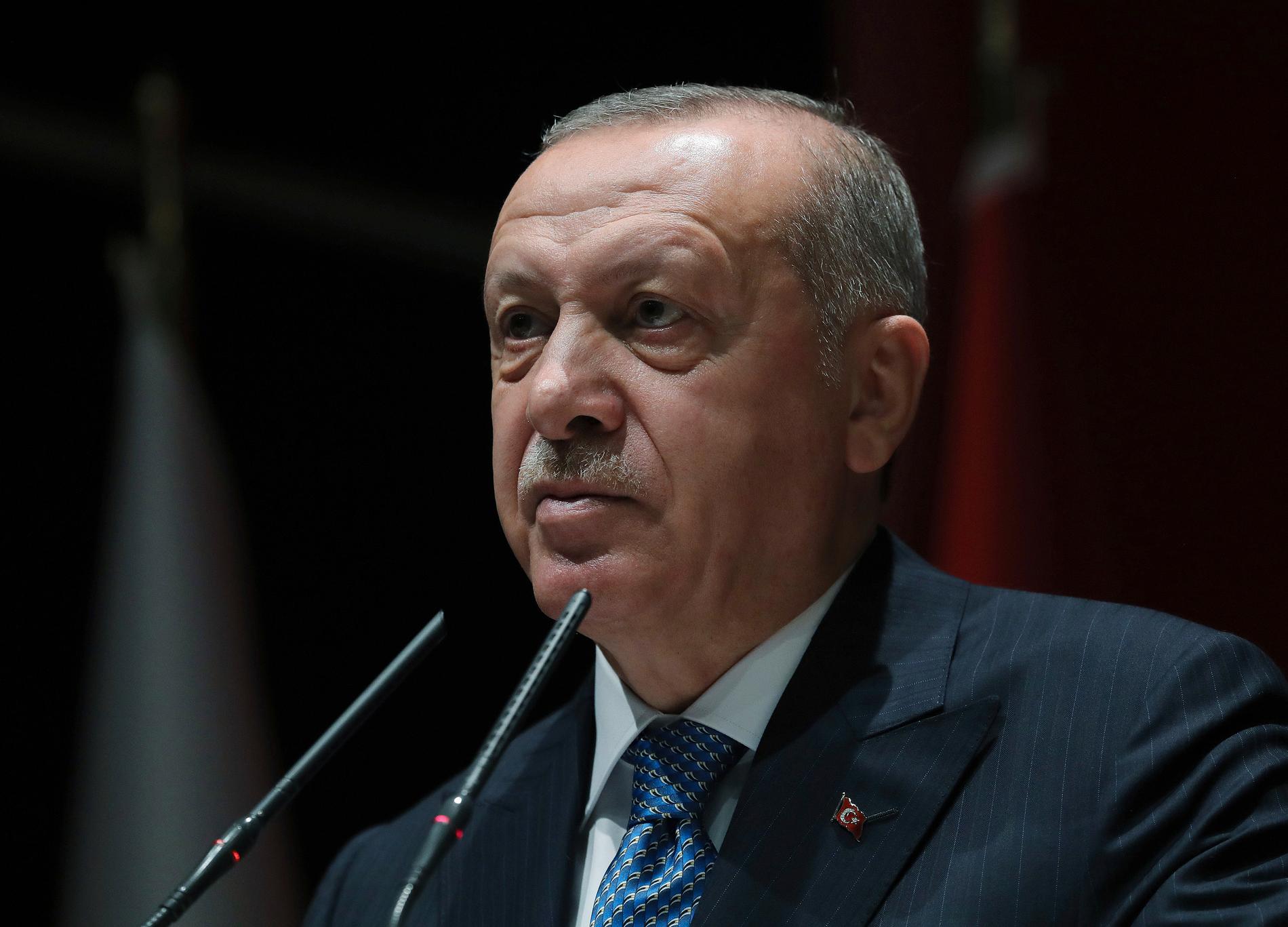 Turkiets president Recep Tayyip Erdogan i ett tal i förra veckan då han svor att förstöra det han kallar en "terrorkorridor" i norra Syrien.