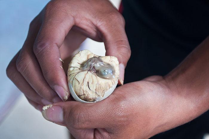 Balut Det är ett fågelembryo som kokas äts direkt ur skalet.