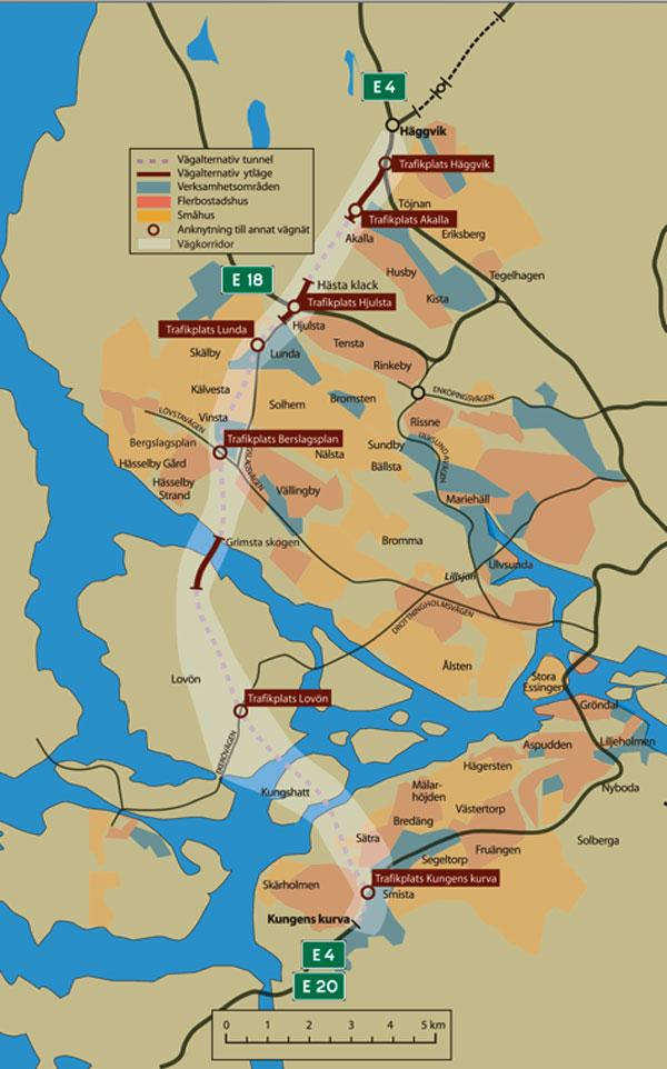 Förbifart Stockholm får en beräknad väglängd på 2,1 mil, varav 1,6 mil genom vägtunnlar, från Kungens kurva i söder till Häggvik i norr om Stockholm. (Klicka på bilden för att se en större version.) Karta: VÄGVERKET