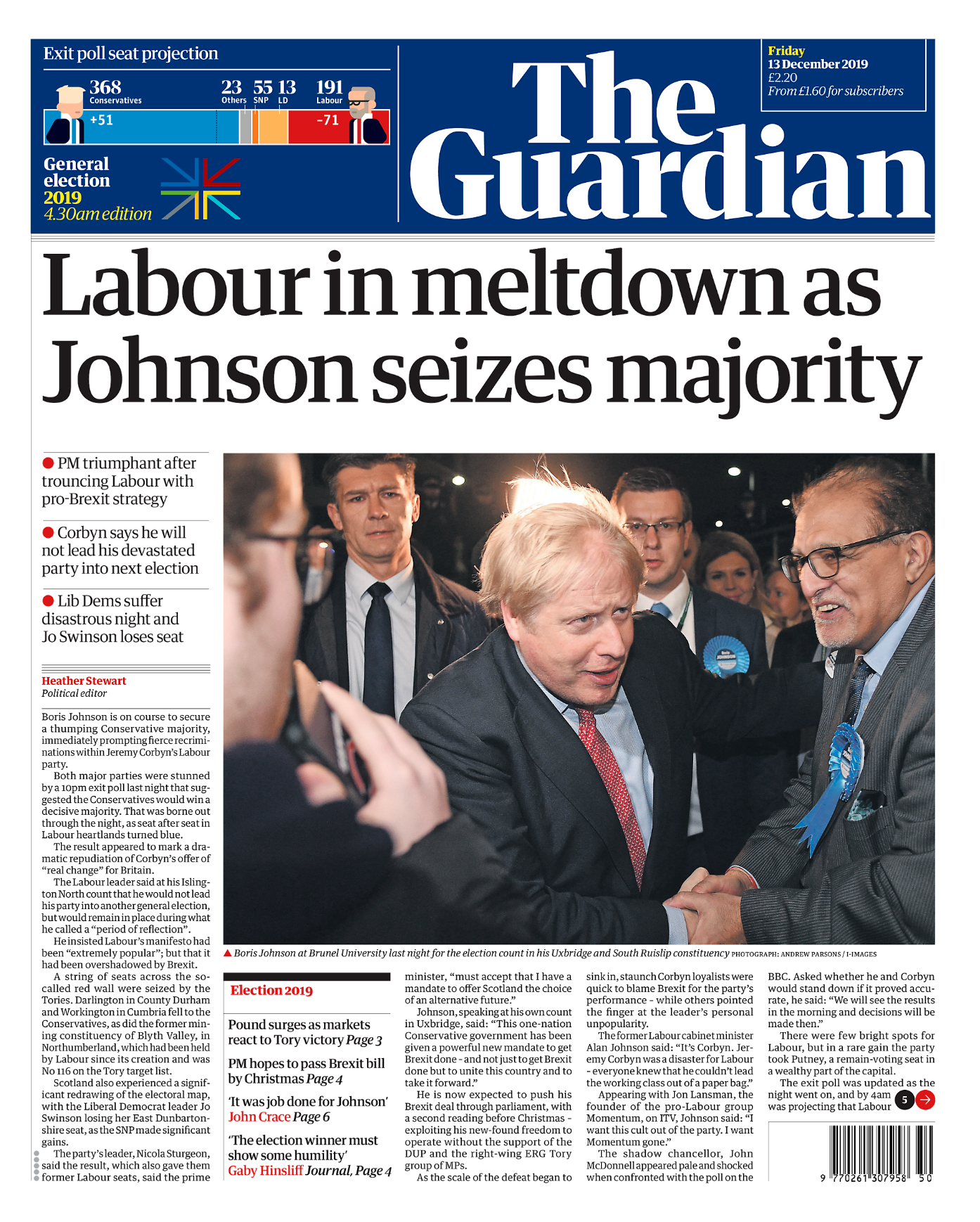 Tidningen The Guardian har uttalat varit emot Brexit och brukar räknas som oberoende eller Labour-trogen. Vinkeln landar i Labours misslyckande.