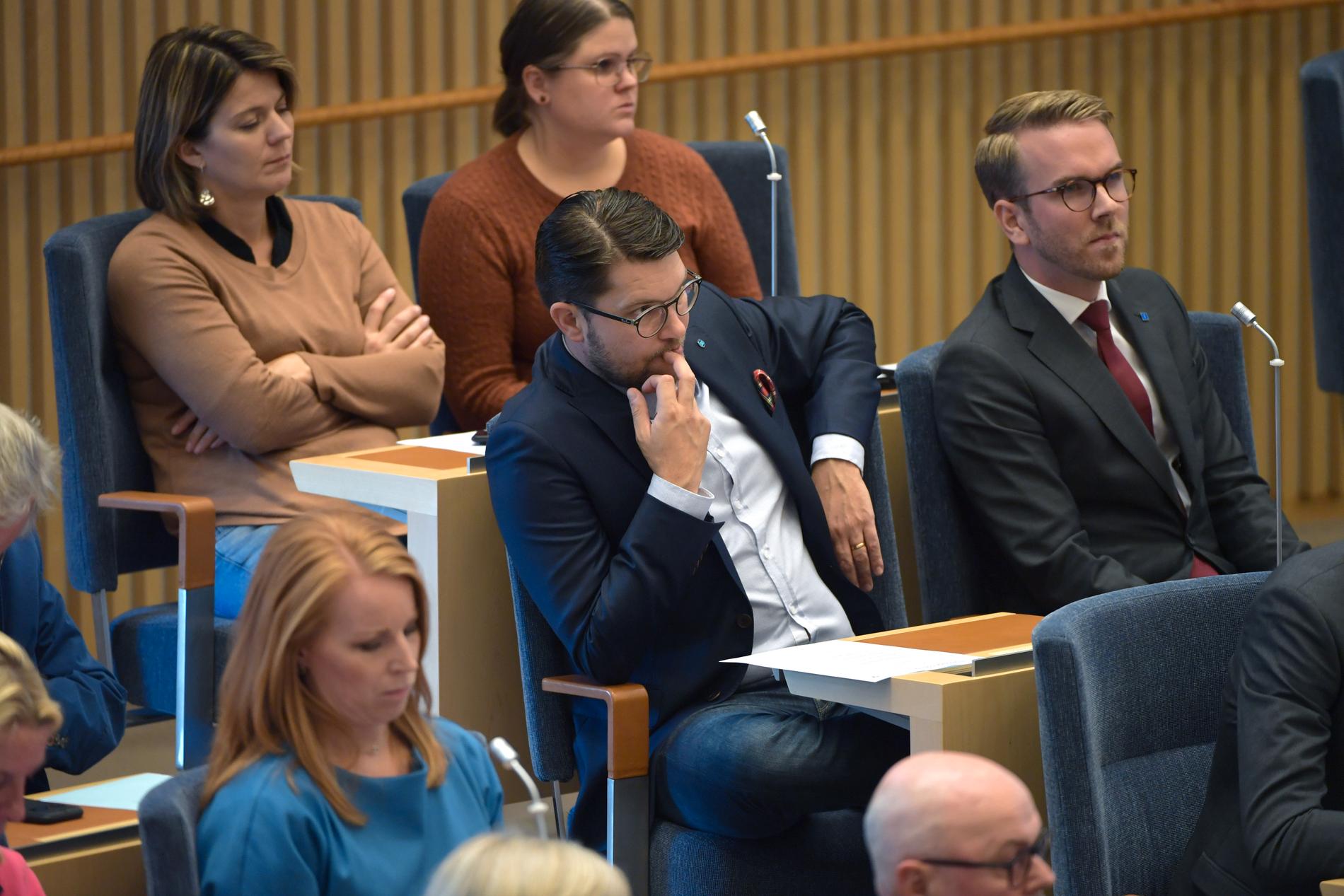  Sverigedemokraternas pertiledare Jimmie Åkesson under misstroendeomröstning mot försvarsminister Peter Hultqvist (S) i riksdagen på tisdagen.