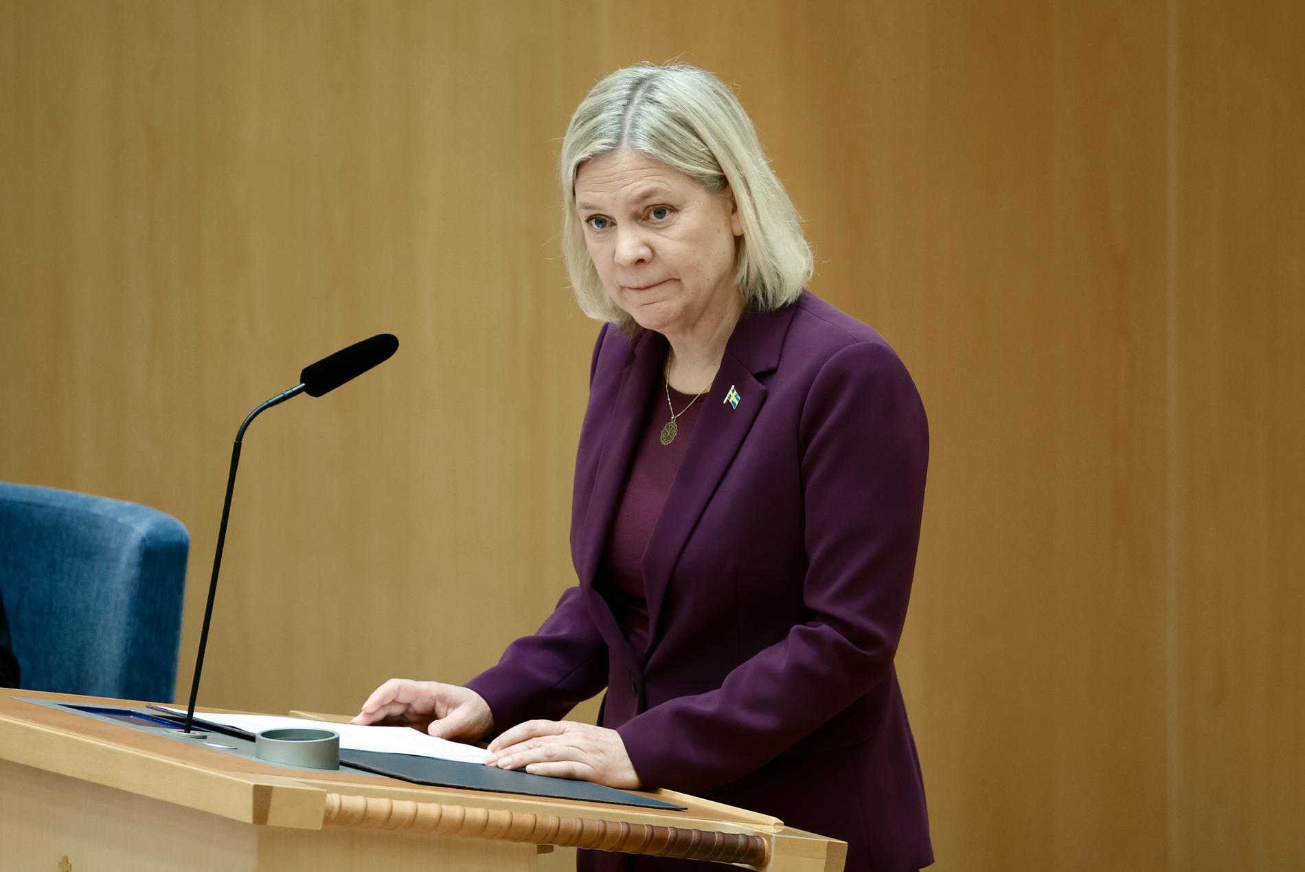 Magdalena Andersson (S) under partiledardebatten.