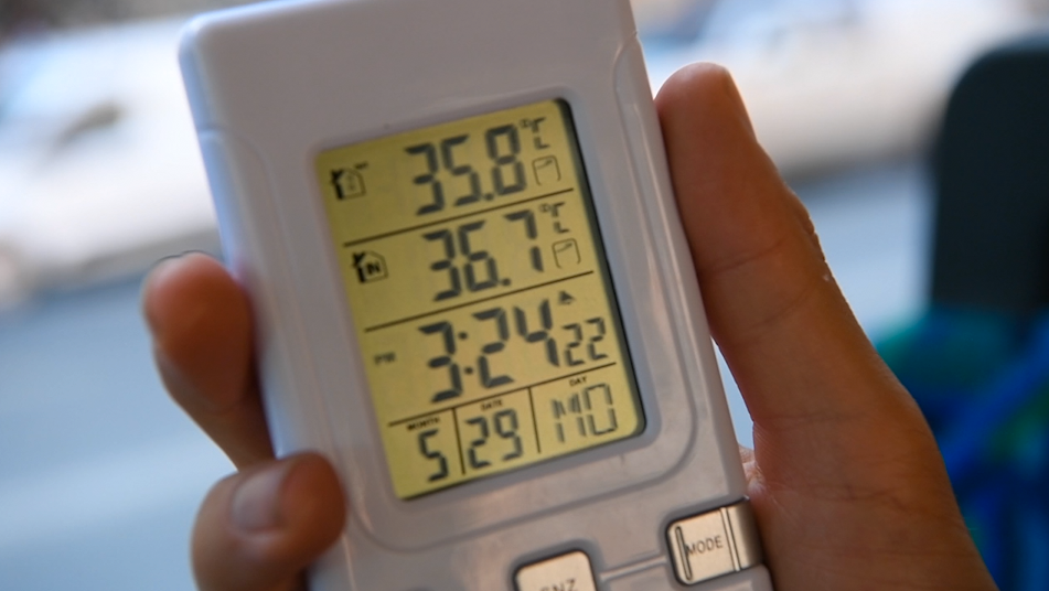 36,7 grader visar termometern i en av bussarna.