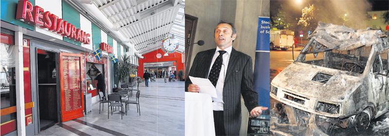 Tensta galleria som köptes upp av den ”ekonomiske äventyraren”, Steve Boultbee, för tre år sedan. Till höger: spår efter kravaller i Tensta hösten 2009.