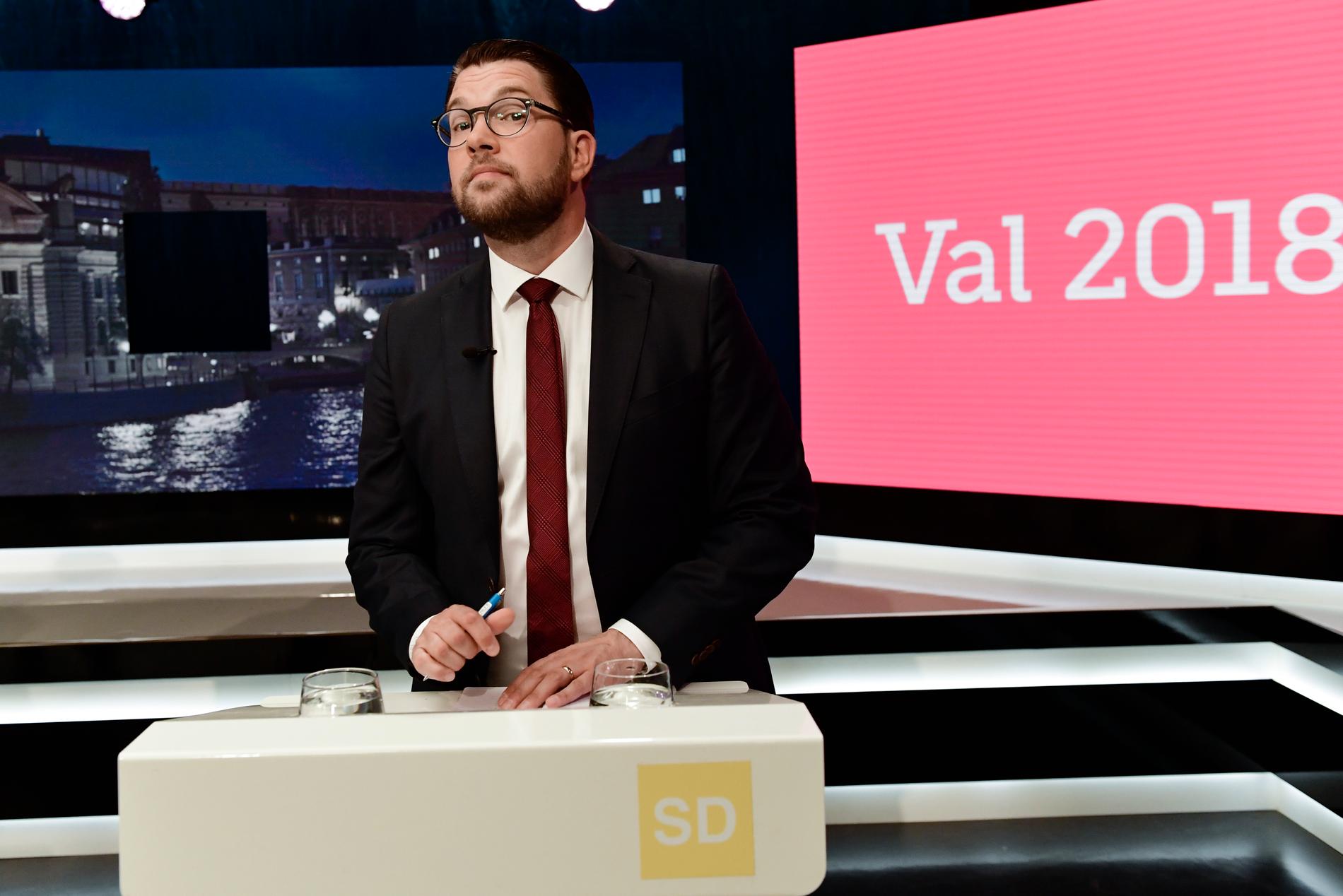 Jimmie Åkesson vid SVT:s partiledardebatt inför valet. Arkivbild.