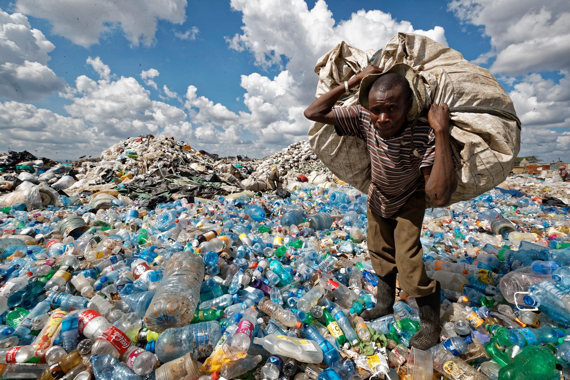 En man samlar plastflaskor i ett sopberg i ett slumområde i Kenyas huvudstad Nairobi. Arkivbild.