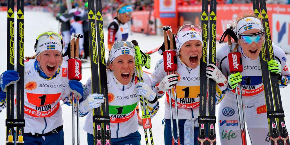 Medaljer i damstafetten genom tiderna VM 2015 i Falun, Sofia Bleckur, Charlotte Kalla, Maria Rydqvist och Stina Nilsson tog silver.