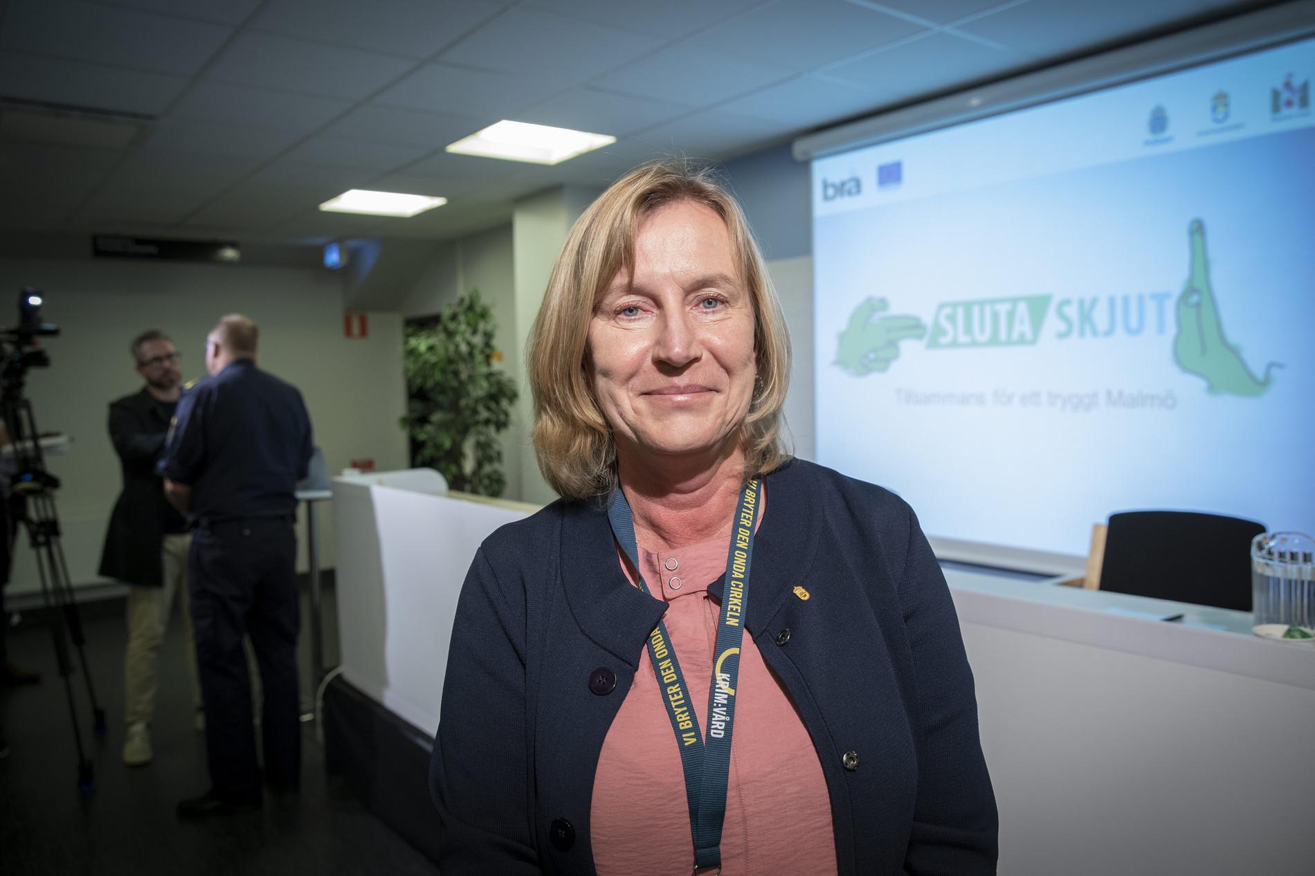 Petra Tullgren, frivårdschef i Malmö på Kriminalvården, under en presskonferens om projektet Sluta skjut i oktober 2018.