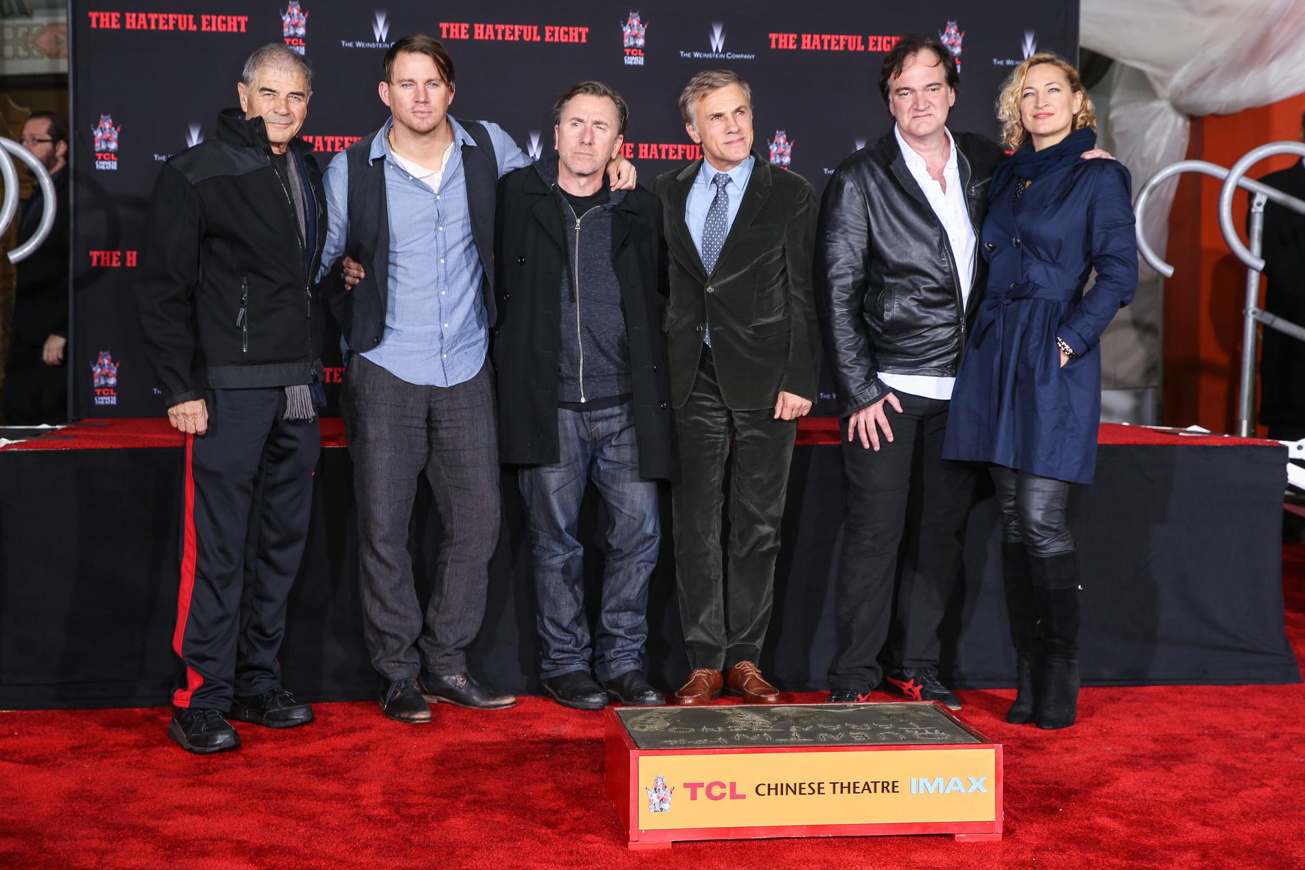 Robert Forster, från vänster, med Channing Tatum, Tim Roth, Christoph Waltz, Quentin Tarantino och Zoe Bell vid ett event för att uppmärksamma regissören Quentin Tarantino.