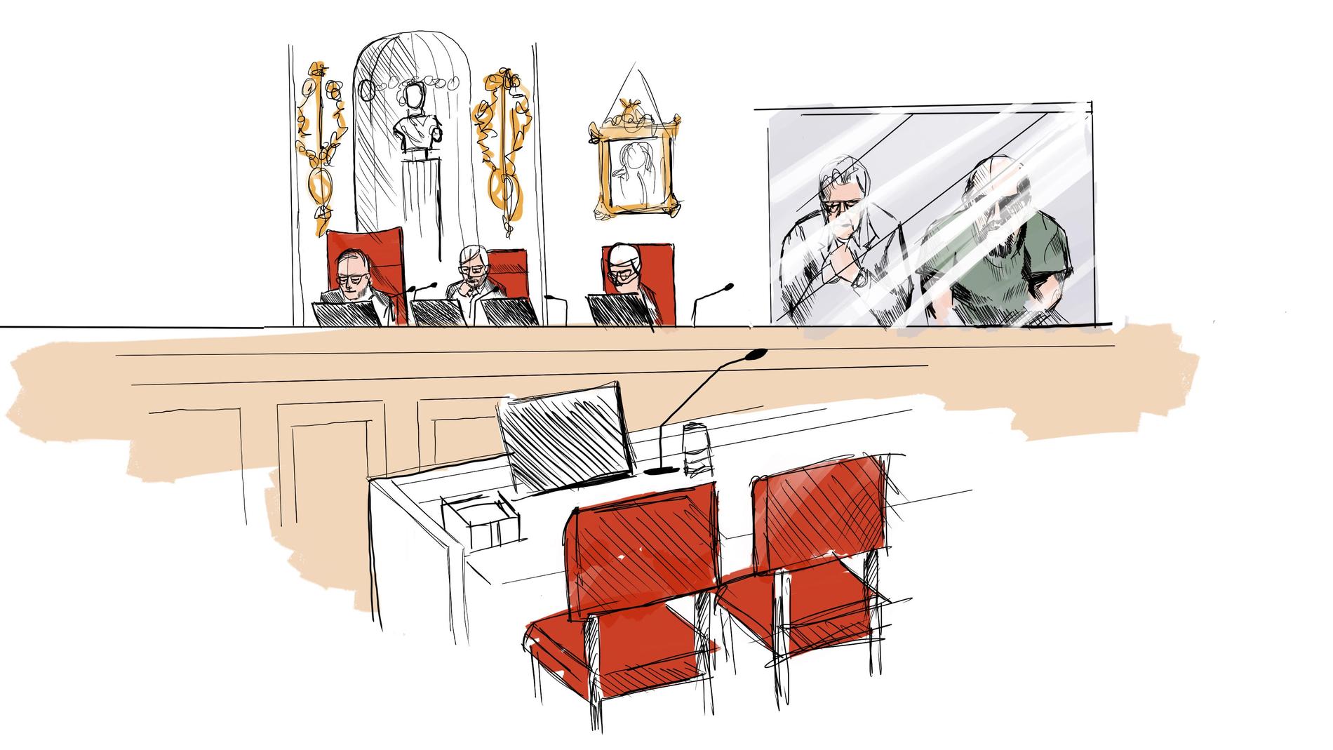 Illustration från häktningsförhandlingen i Högsta domstolen. Mannen sitter i grön t-shirt, med på videolänk.