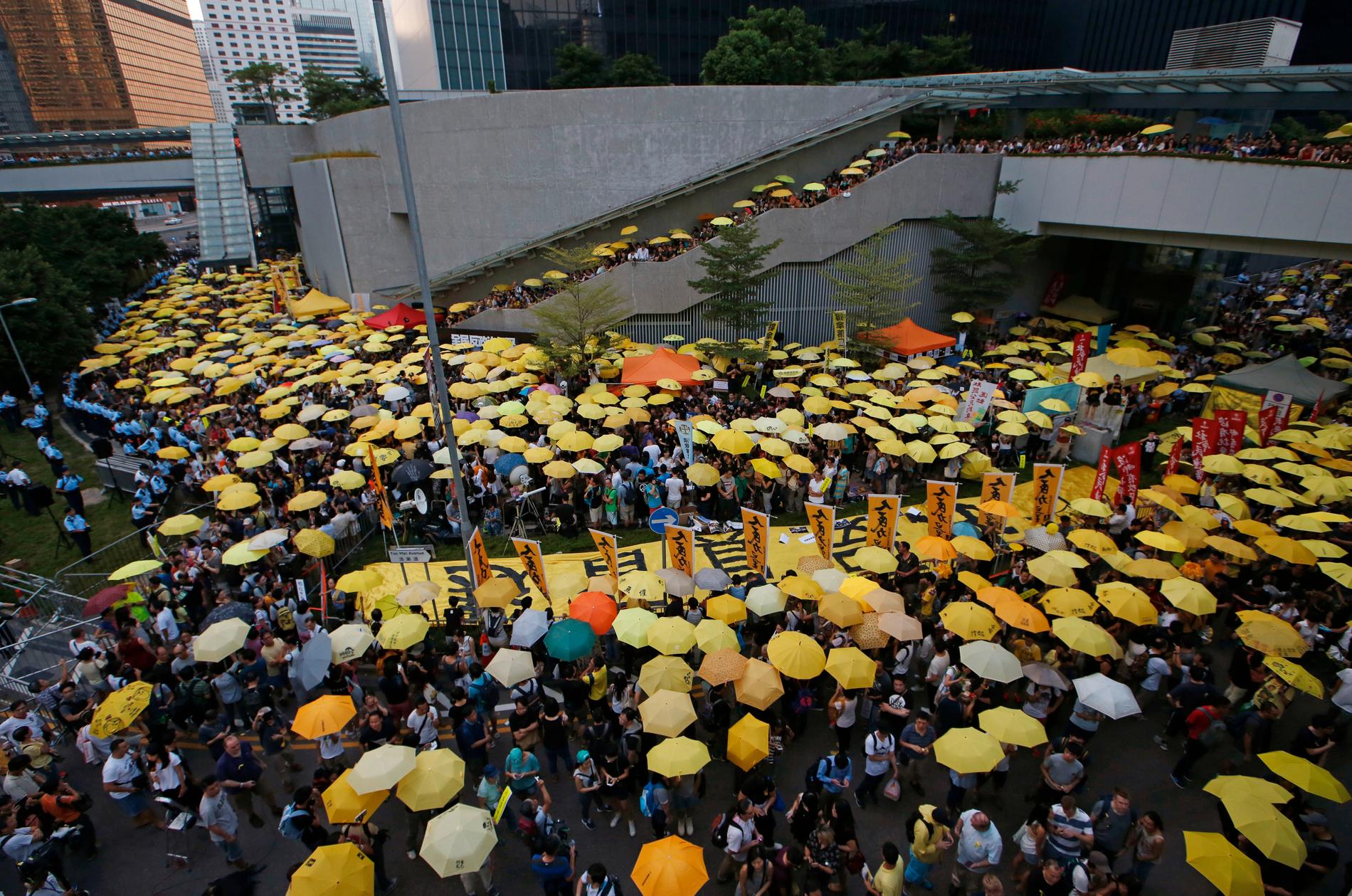 En av paraplyrörelsens demonstrationer i Hongkong 2015. Arkivbild.