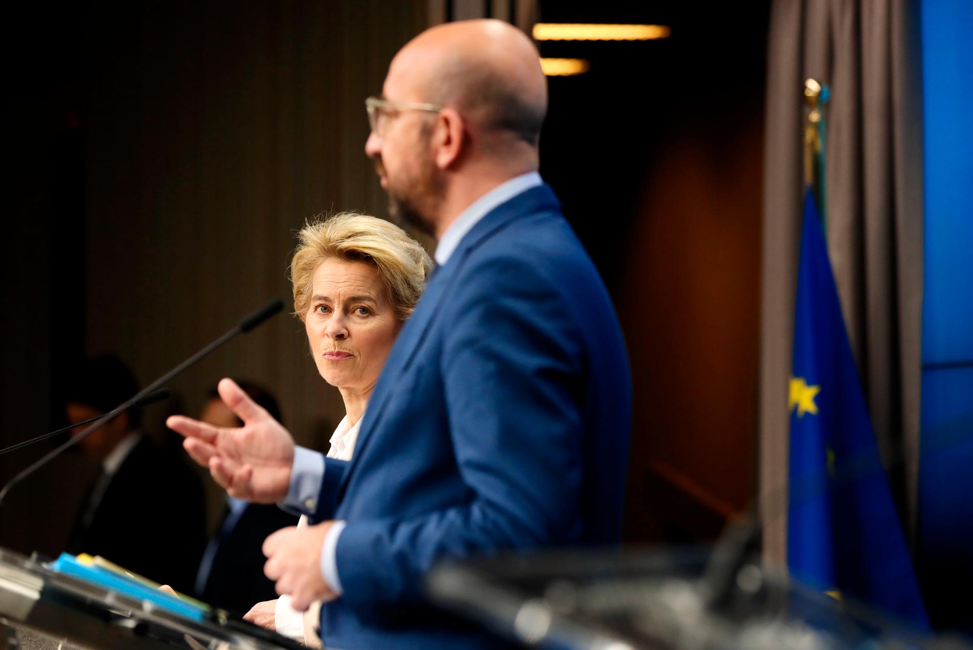 EU:s kommissionsordförande Ursula von der Leyen och permanente rådsordförande Charles Michel utlovar en akut ekonomisk insats för att mota coronakrisens verkningar.
