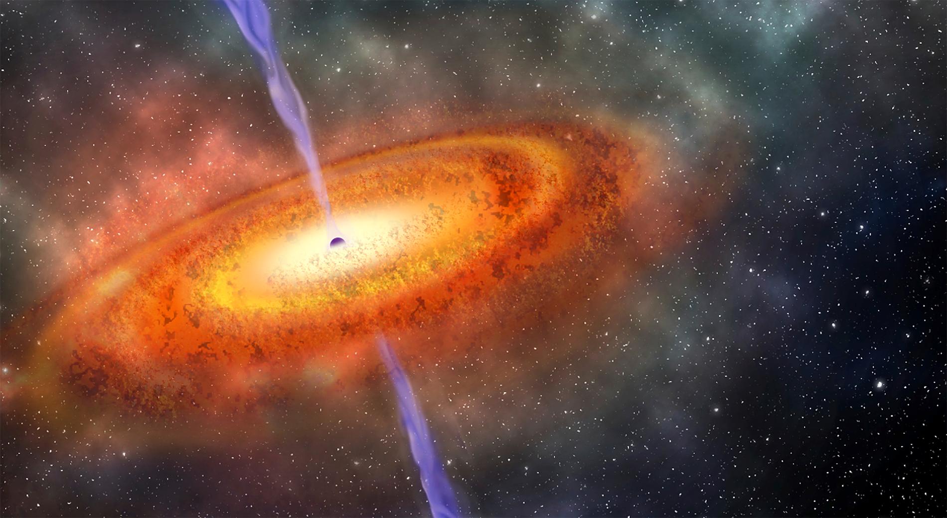 En illustration som visar det största massiva svarta hål man hittat på längst avstånd från jorden. Arkivbild.