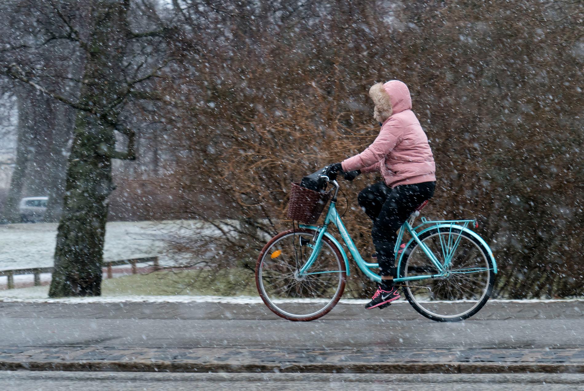 En person cyklar under snöfall i Malmö. Arkivbild.