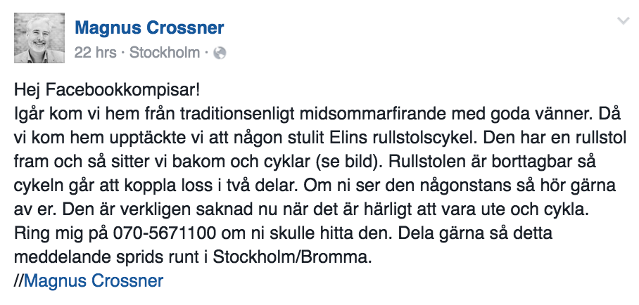 Magnus, som är Elins pappa, har lagt ut en efterlysning på Facebook.