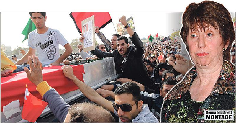 folkligt raseri En stor folkmassa visade sitt missnöje med de styrande i Bahrain i går när offren för protesterna i landet begravdes. EU och dess utrikesminister Catherine Ashton säger inte mycket.