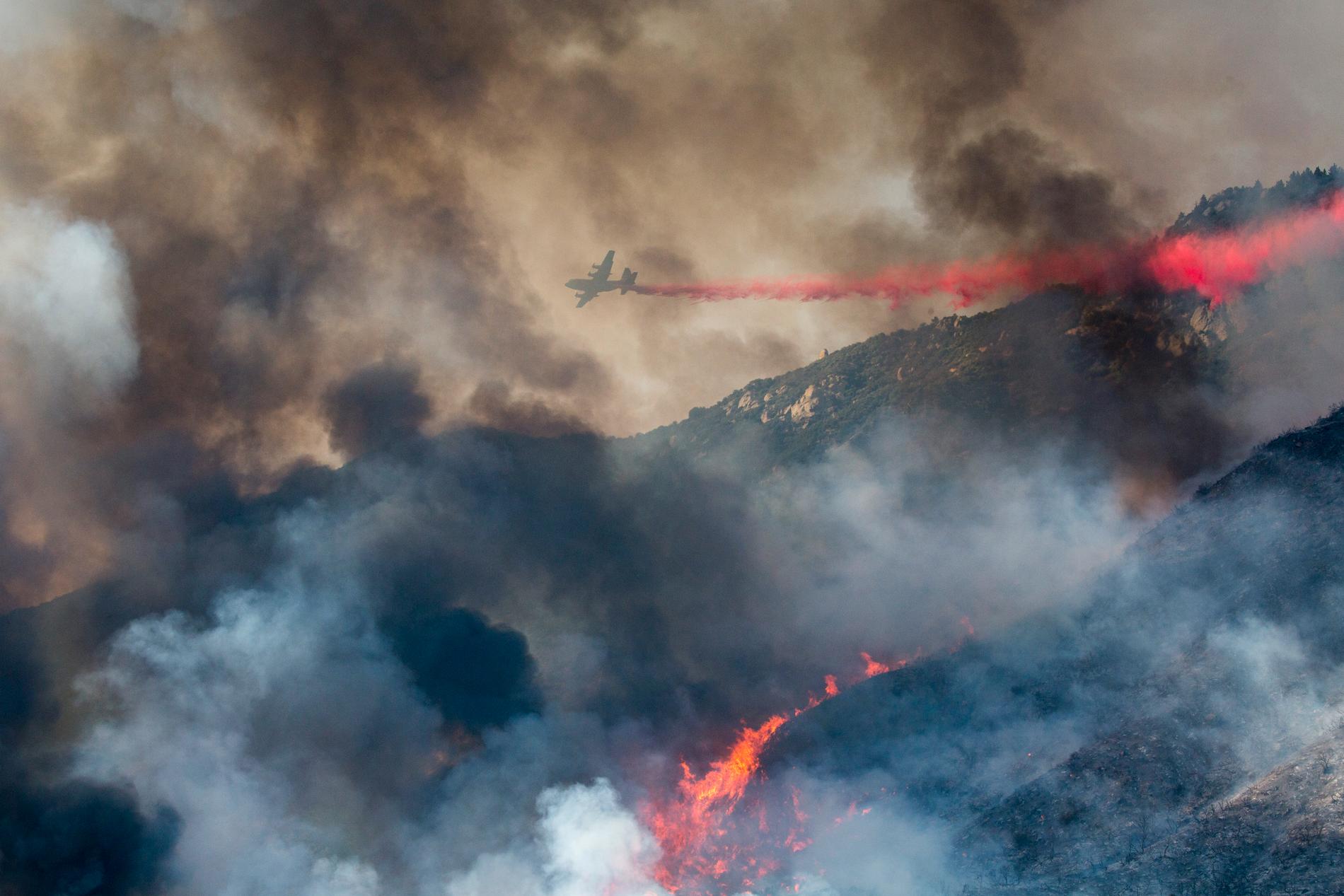 Brandflyg ovanför branden i Yucaipa, Kalifornien.