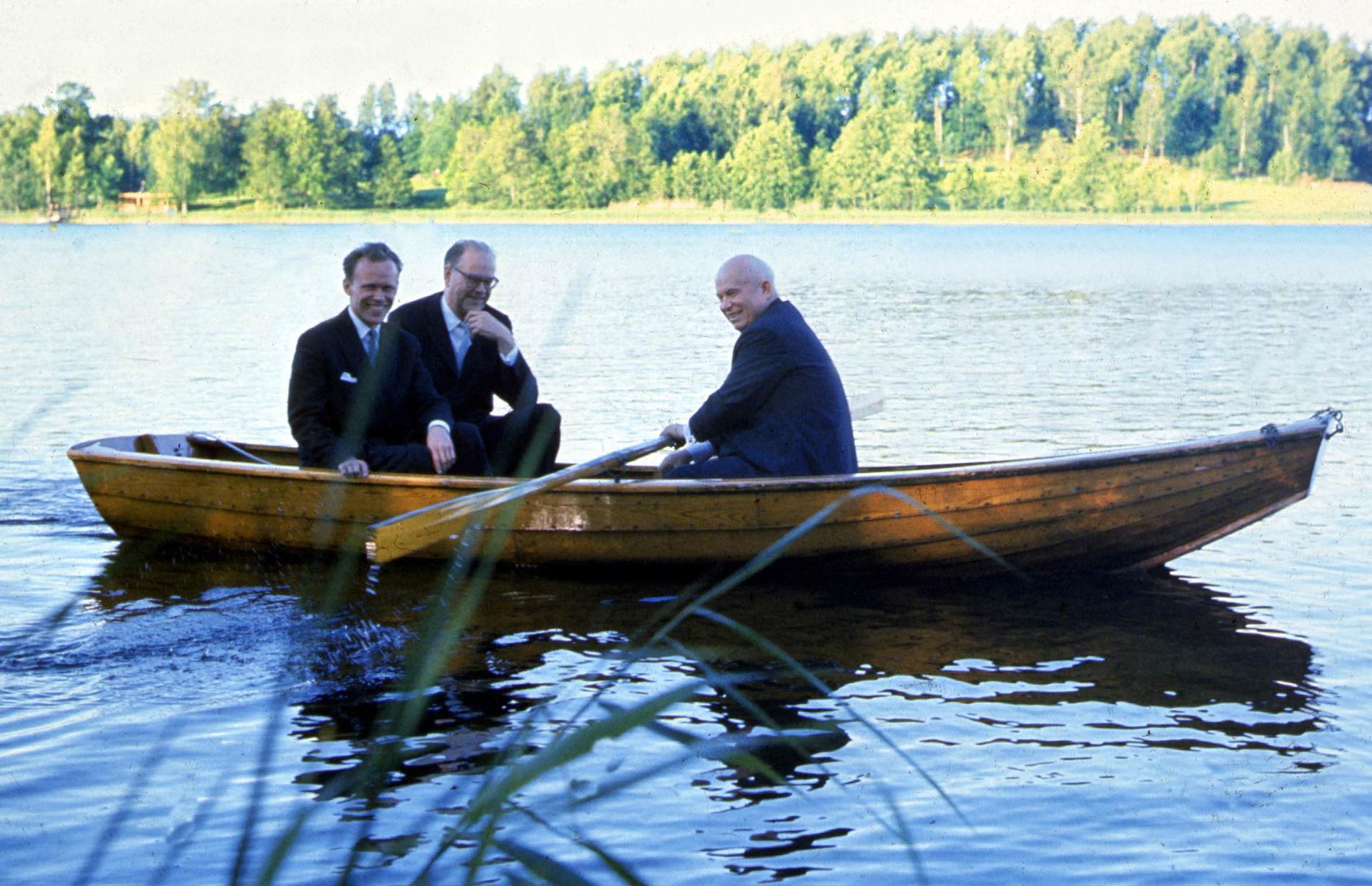 Nikita Chrusjtjov på Sverigebesök. Under besöket blev han utbjuden på en tur i  Harpsundsekan av Tage Erlander.  Arkiv 1964