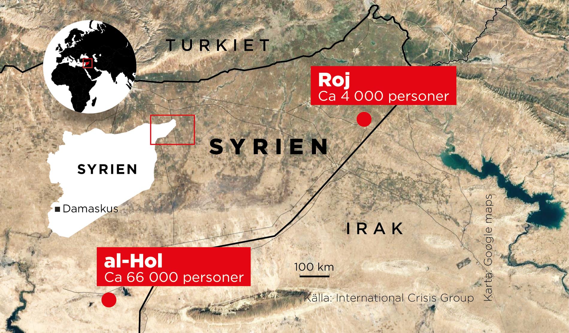 Lägren al-Hol och Roj ligger i nordöstra Syrien.
