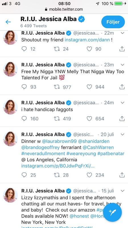 Jessica Albas Twitter blev hackad. 