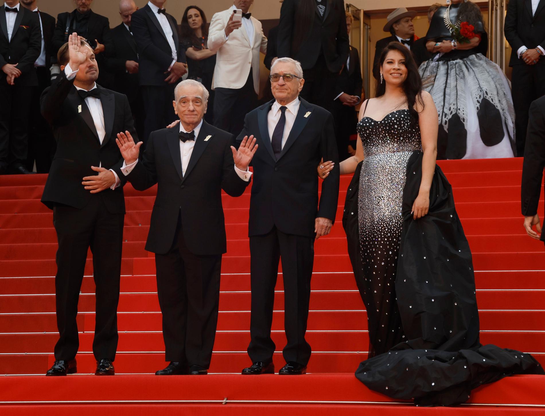 Leonardo DiCaprio, Martin Scorsese, Robert De Niro, och Cara Jade Myers på premiären av filmen "Killers of the flower Moon" på Cannesfestivalen i helgen.