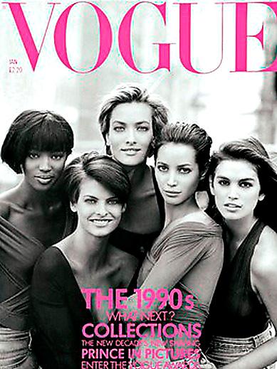 Januari 1990 Peter Lindbergh fångar tidens största supermodeller på samma omslag, Naomi Campbell, Linda Evangelista, Tatjana Patitz, Christy Turlington och Cindy Crawford.