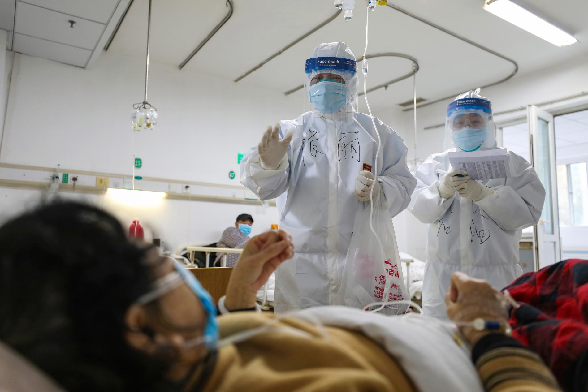 Vårdpersonal undersöker en patient på Jinyintansjukhuset i Wuhan i Hubeiprovnisen.