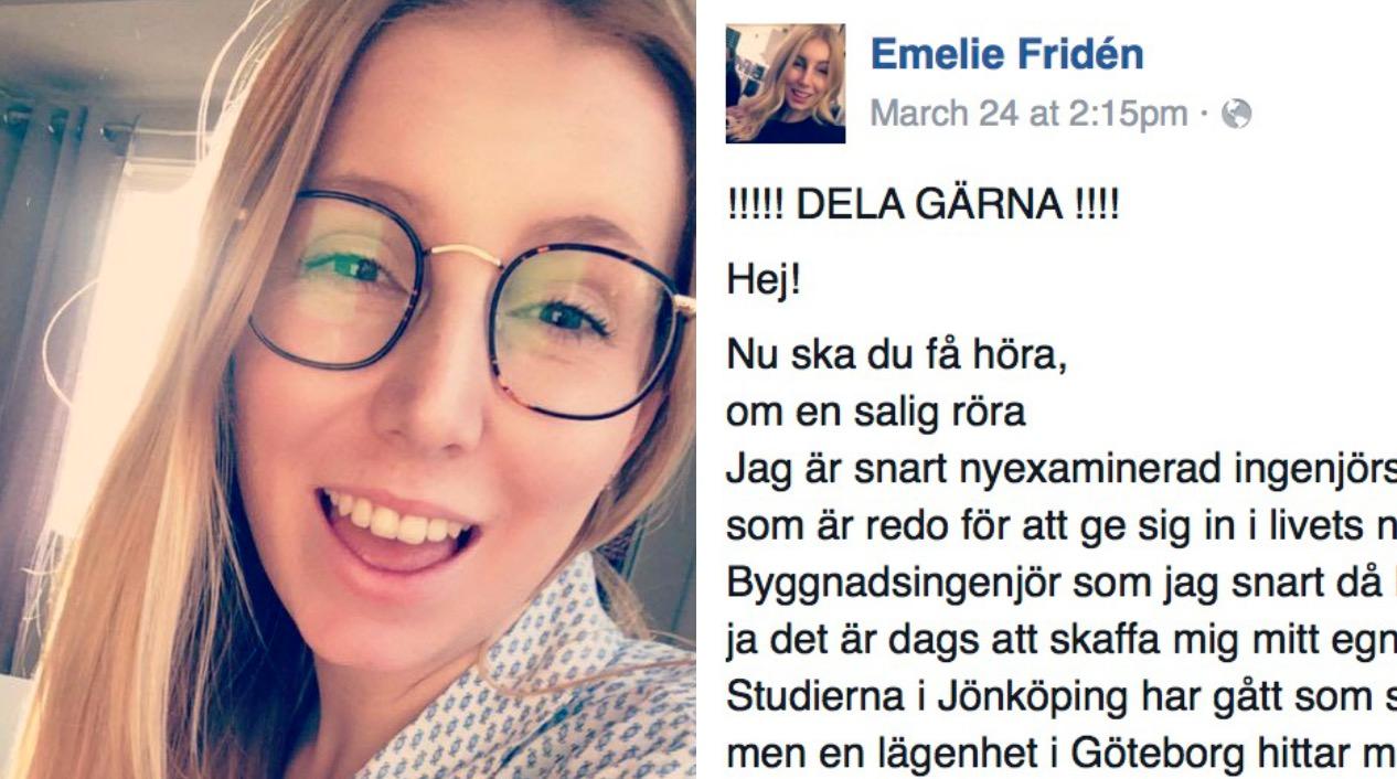Emelie försöker skaffa bostad i Göteborg med hjälp av ett rim på Facebook.