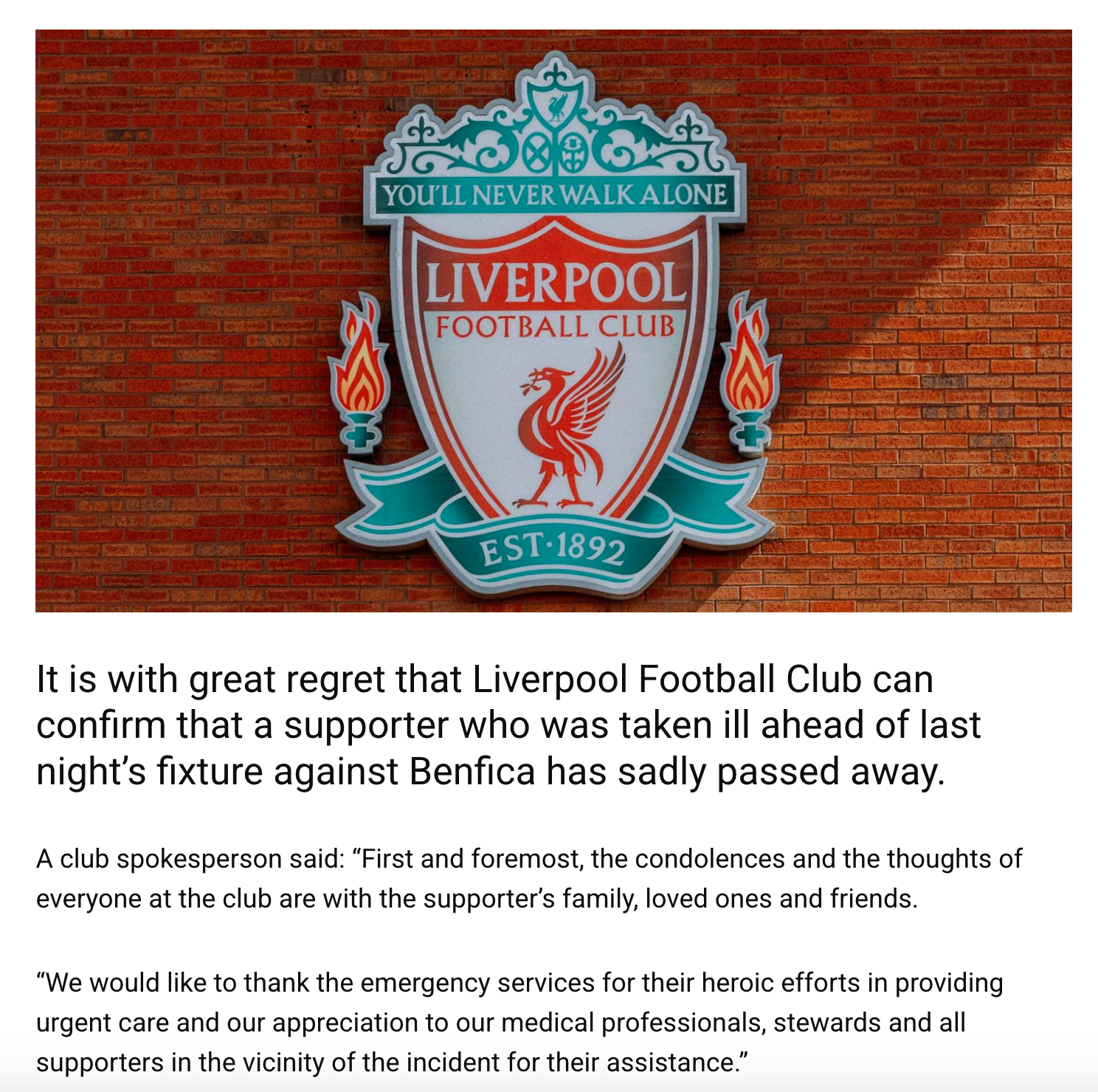 Skärmdump från Liverpools hemsida