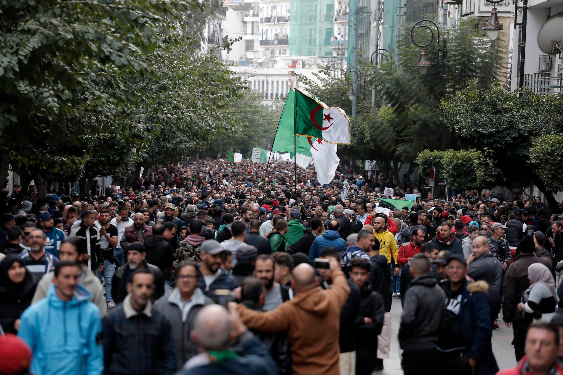 Demonstranter protesterar mot den tillträdande presidenten Abdelmadjid Tebboune i Algeriets huvudstad Alger.