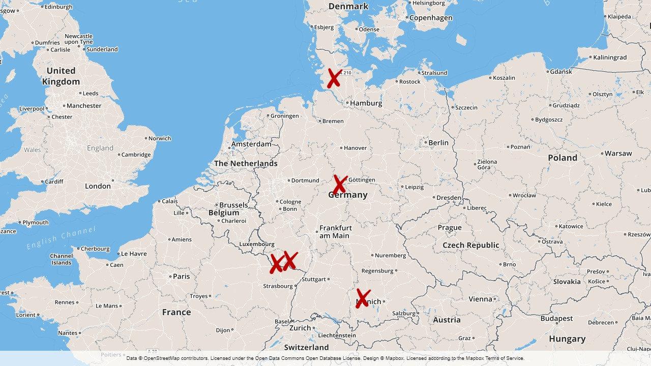 Stadshus i sex tyska städer har bombhotats. Chemnitz saknas på kartan.