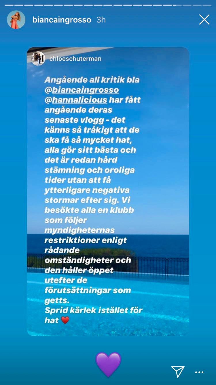 Chloé Schutermans inlägg på Instagram story som delats av Bianca Ingrosso.