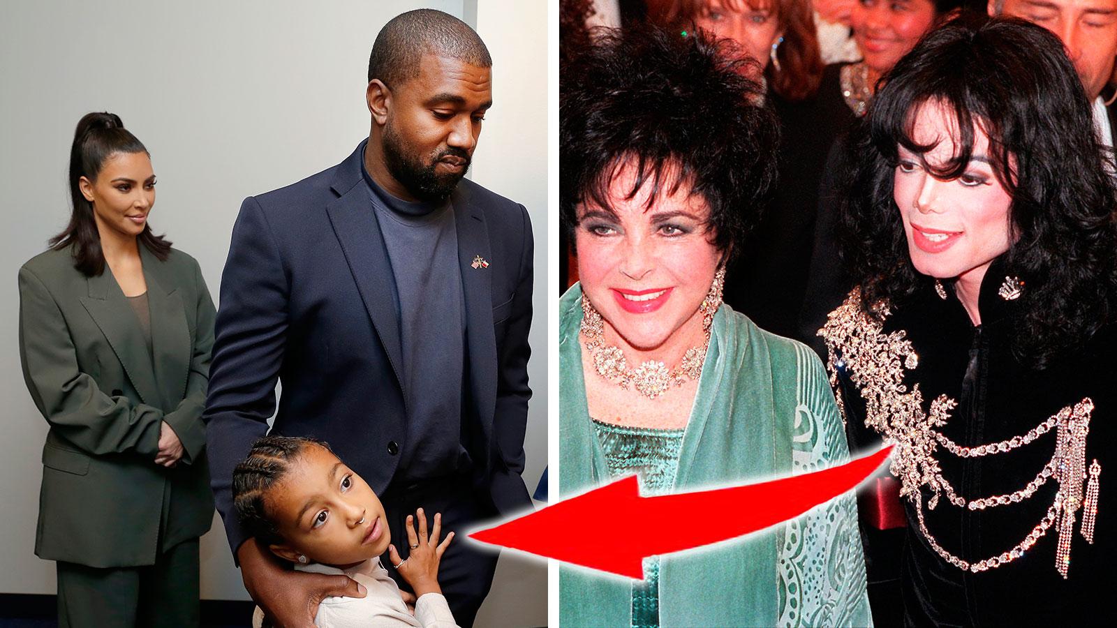 Kim Kardashian och Kanye West med dottern North (bilden till vänster). Till höger går Michael Jakcson med Elizabeth Taylor, klädd i den jacka som lilla North nu fått i julklapp.