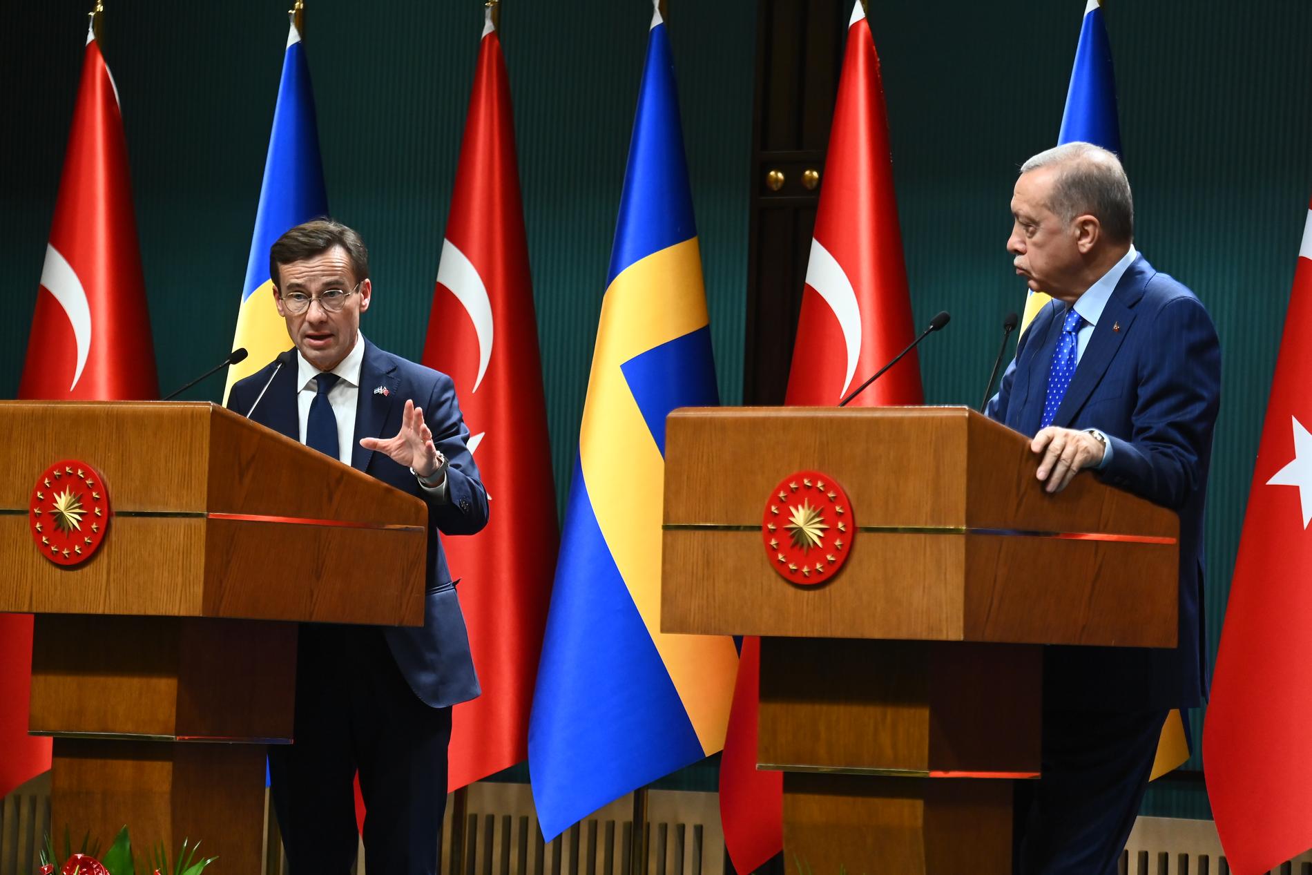 ”Vi ser Turkiet som en framtida samarbetspartner”, sa Kristersson bland annat under den gemensamma pressträffen med den turkiske presidenten. 