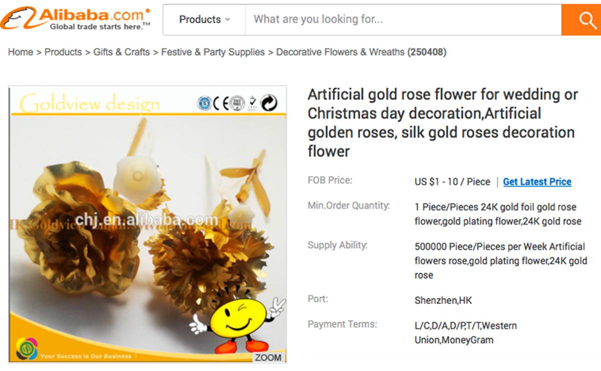 Det kinesiska e-handelsbolaget Alibaba säljer sina förgyllda rosor för 1 dollar styck.