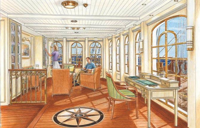 SEA CLOUD HUSSAR  Biblioteket i det superlxiga segelfartyget. Inredningen är klassiskt marin.