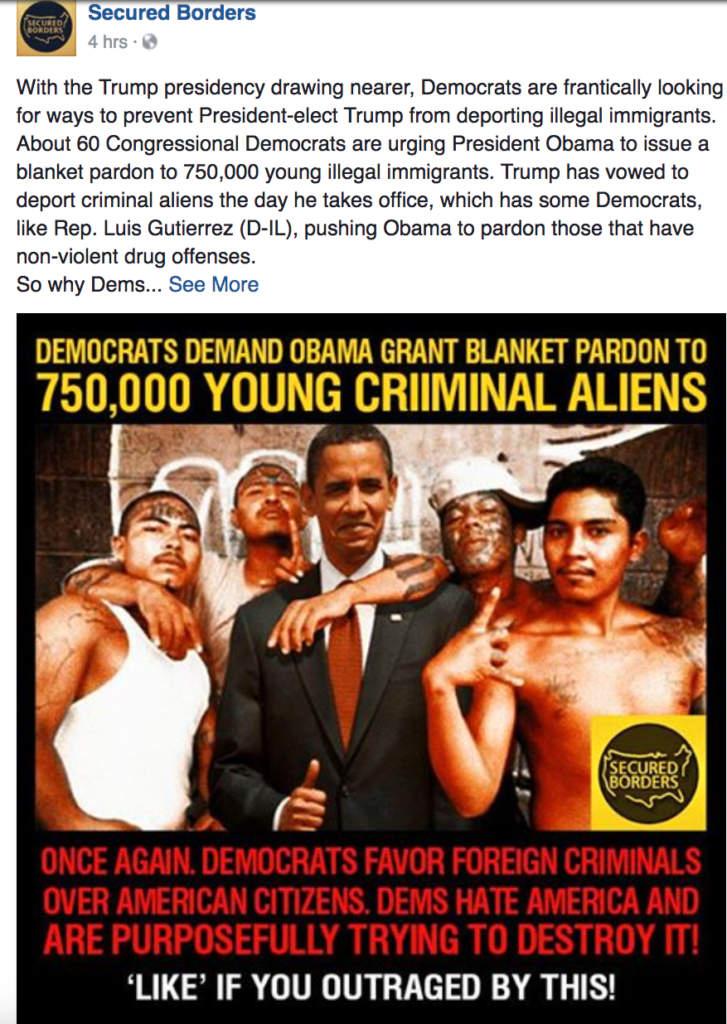 En av Facebook-sidorna som användes var “Secured Borders”, enligt New York Times. På sidan, som hade 130 000 följare, publicerades inlägg som var pro Trump och anti demokraterna. Sidan är nedstängd, men vi återskapade den via verktyget Wayback Machine.