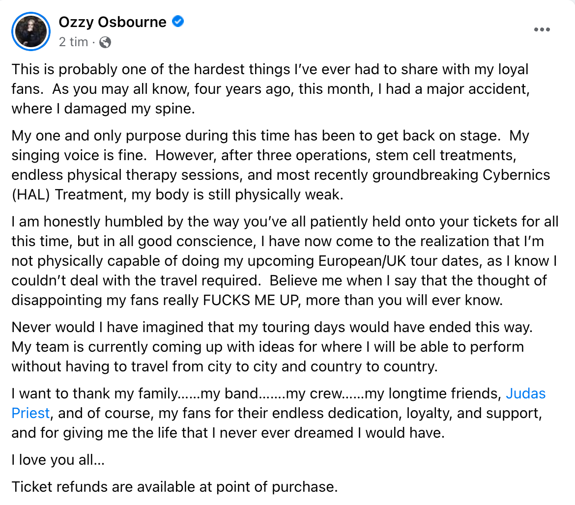 Ozzy Osbournes Facebookinlägg.