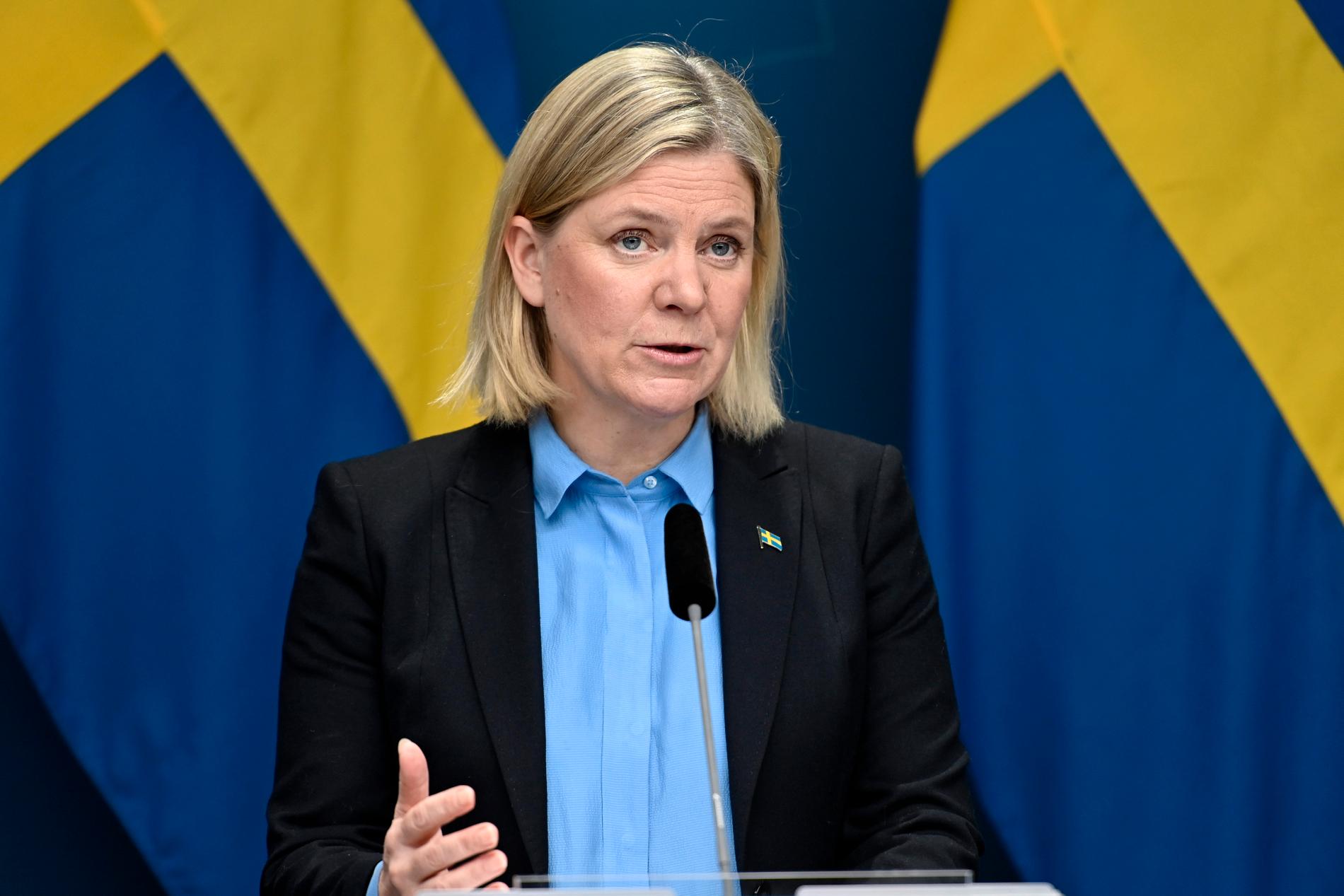 Statsminister Magdalena Andersson under pressträffen. 