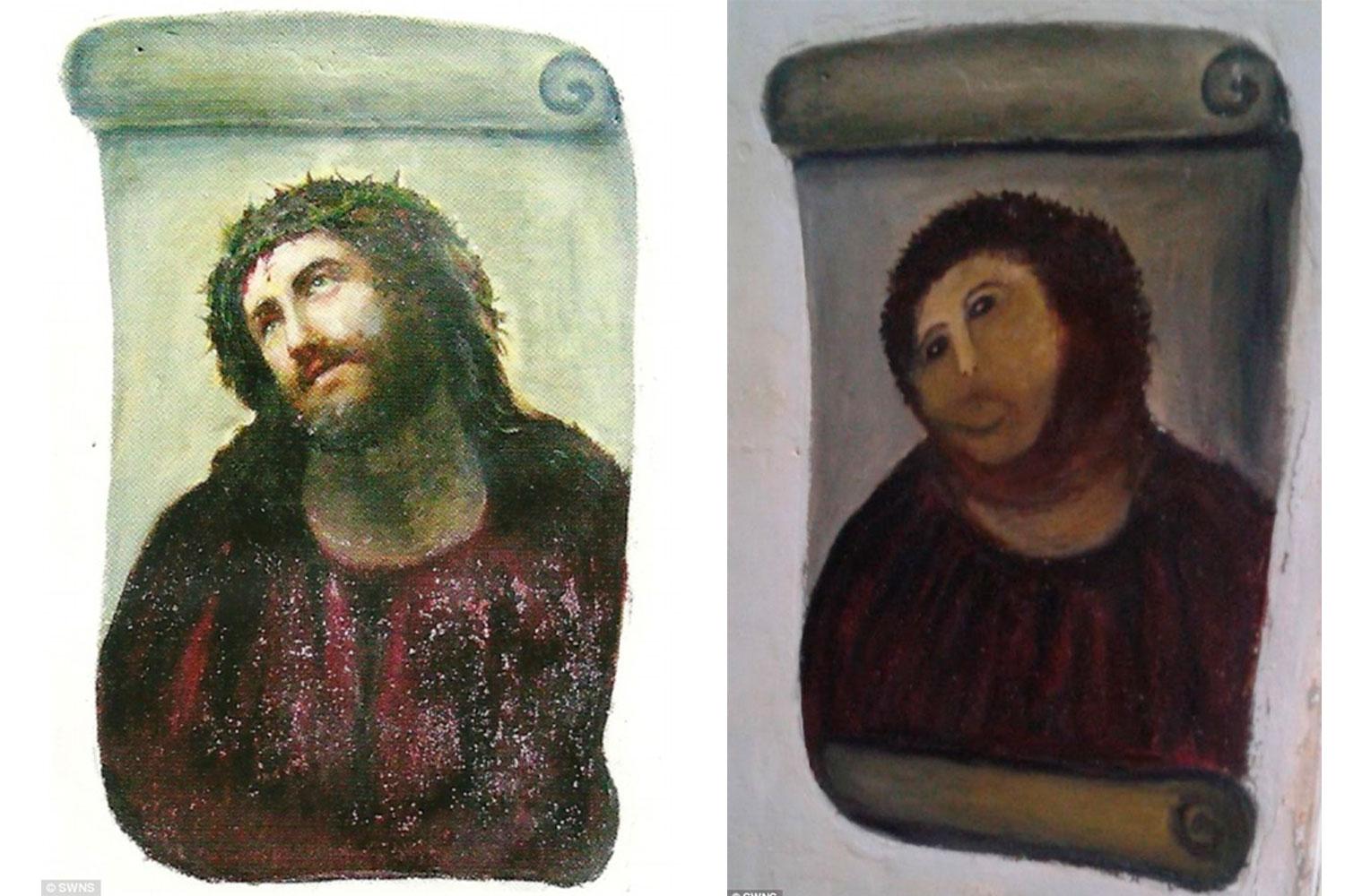 Målningen ”Ecce Homo” före och efter sin ”make-over”.