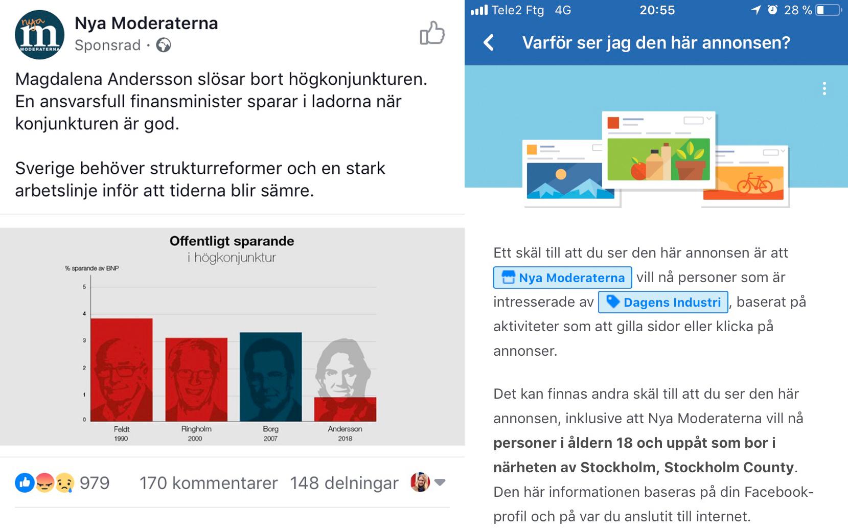 En så kallad ”dark ad” från Moderaterna, riktad mot Facebook-användare som ”gillar” Dagens Industri.